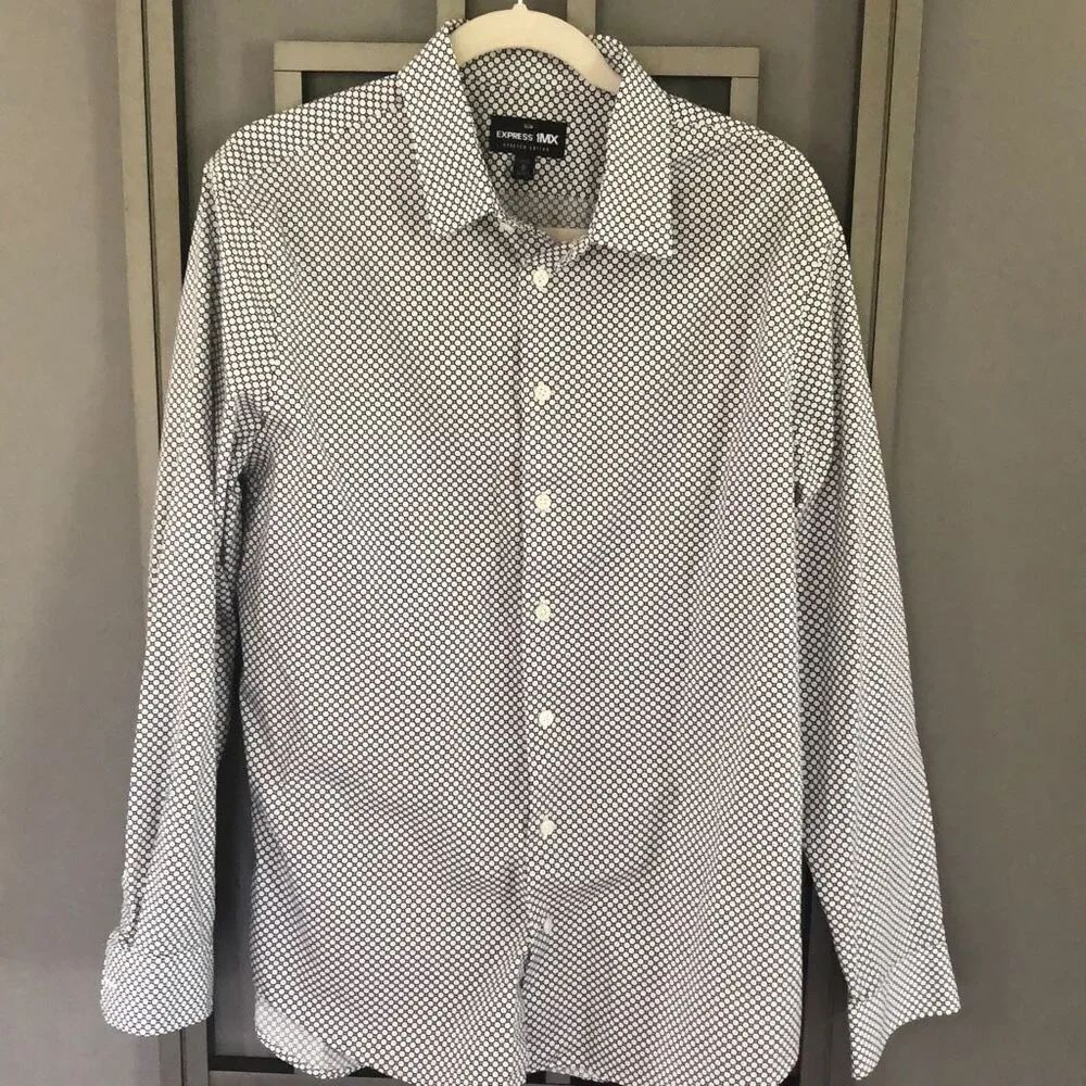 Express Stretch cotton button down men’s shirt, black and white pattern size med